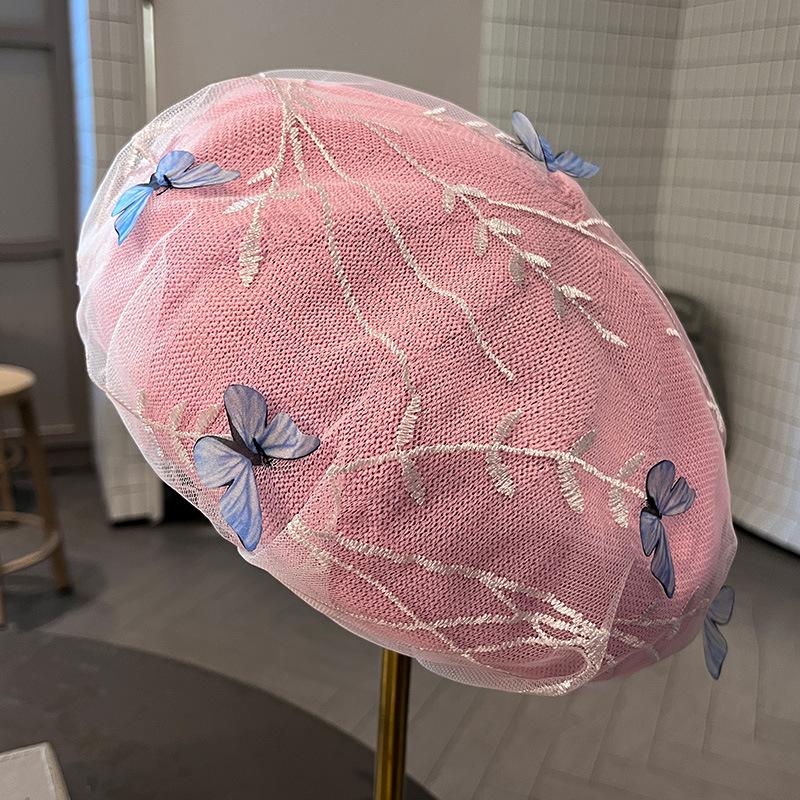 3D Butterfly Mesh Beret Hat For Women Sweet Japanese Style Summer Thin Face Slimming Painter Hat Small Bud Hat