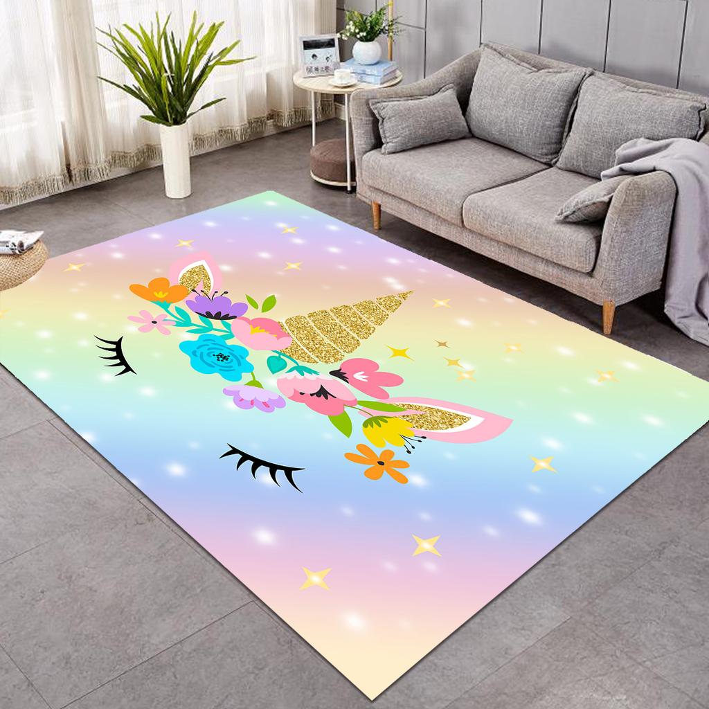Cute Unicorn Carpet Cartoon Magical Animal Indoor Floor Mat Colourful Floral Area Rug for Kids Girls Living Room Decor Doormat
