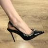 French Beautiful Pointed-Toe Rhinestone High Heels Patent Leather Women's Shoes Rear Empty Trip Strap Super High Heels Shoes