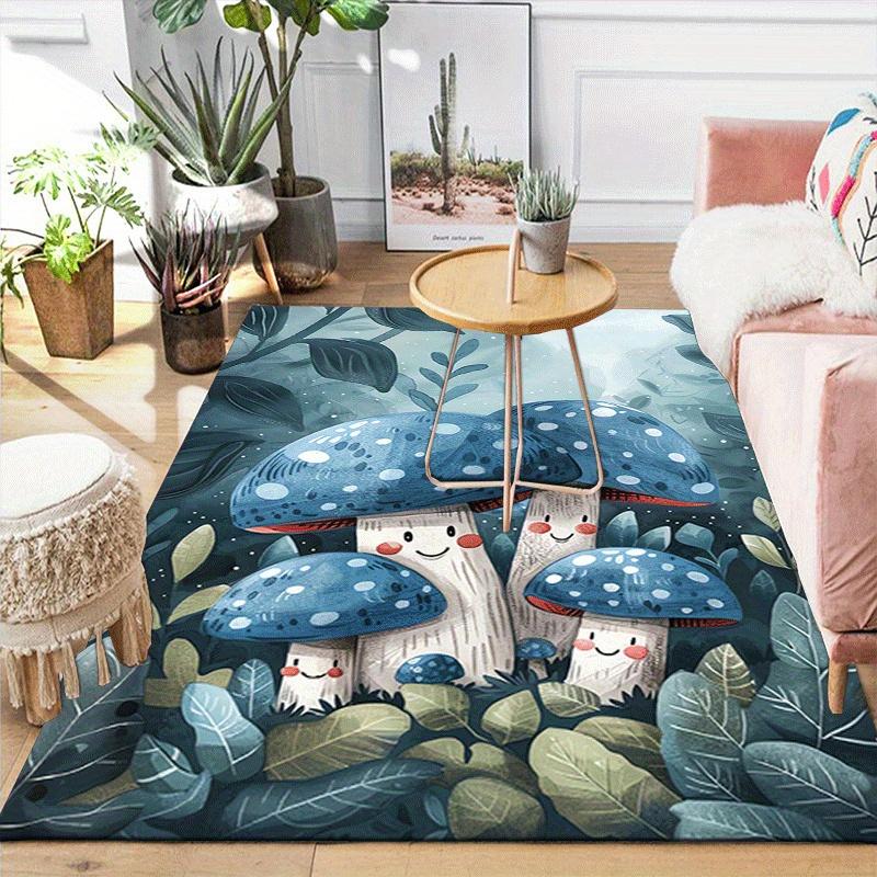 1pc Blue Mushroom Pattern Area Rug, Anti slip Non Shedding Stain Resistant Carpet