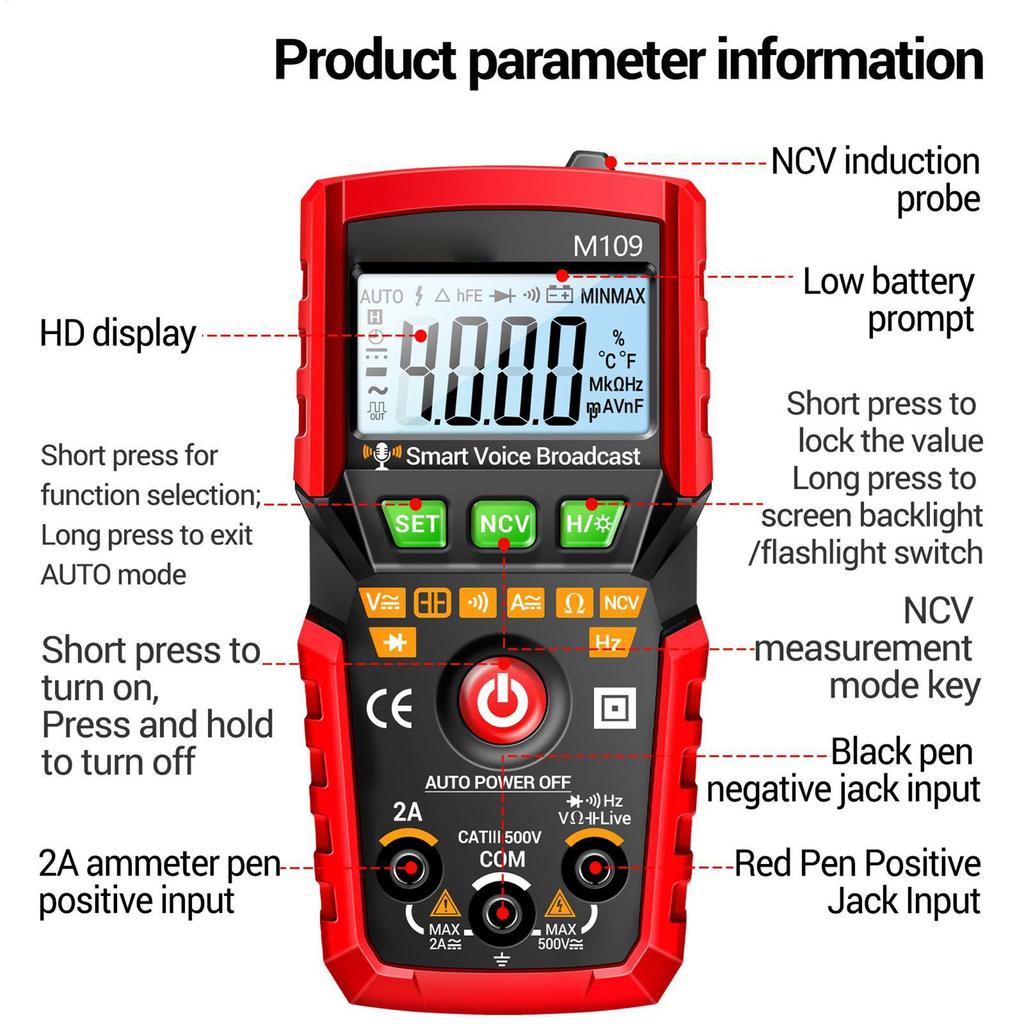 Multimeter Tester 4000-count Voltage Current Meter Electronic Measuring Tool with Auto Voice Broadcast for Electricians