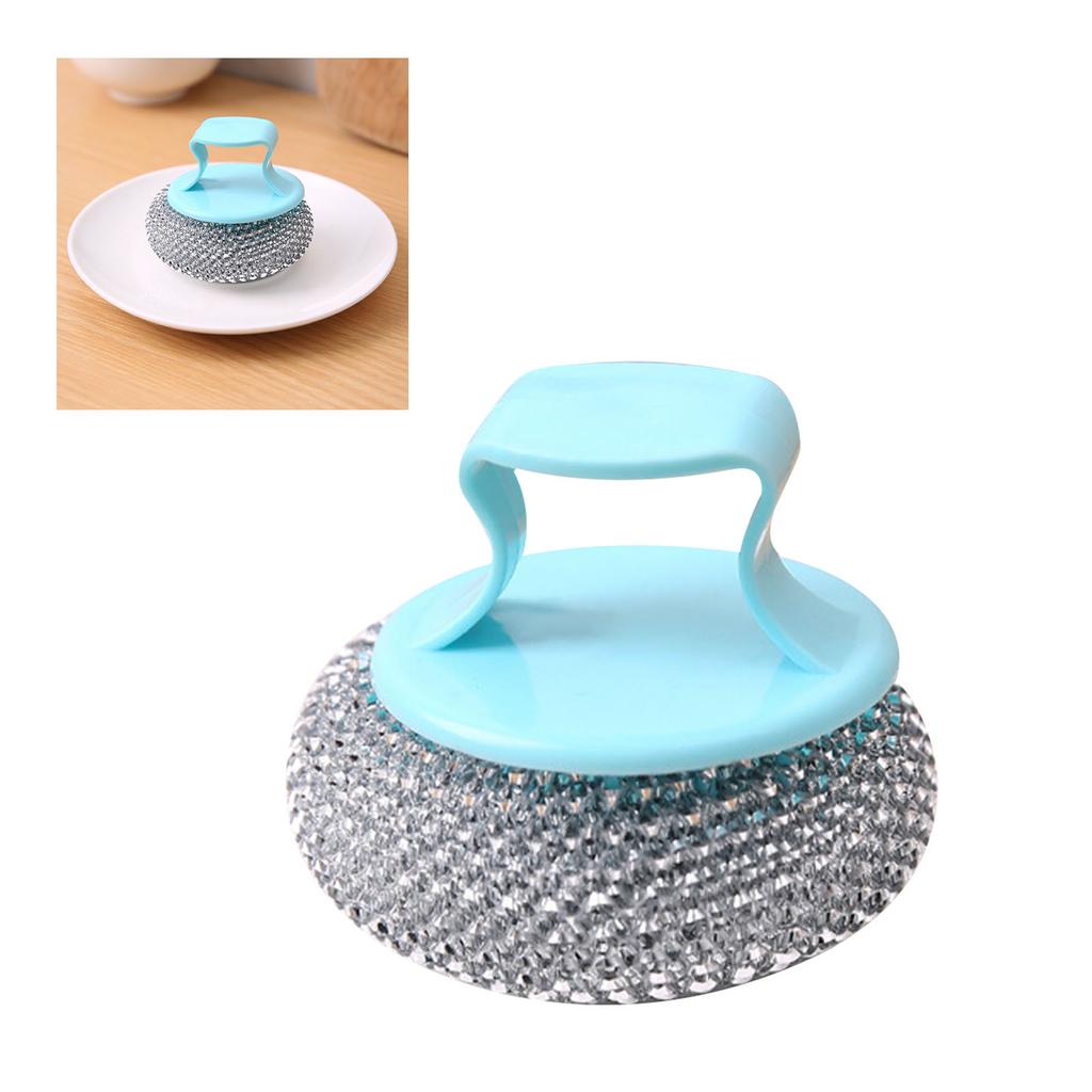 Stainless Steel Sponges with Handle Kitchen Pot Pan Dishes Cleaning Brush Wire Ball Scrubber Silver