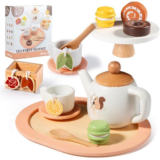 OMYBaby Wooden Tea Set for Little Girls, 19pcs Tea Party Playset with Teapot, Tea Cups, Dessert Stand, Macaroons, Cakes & Tray, Tea Time Playset squirrel