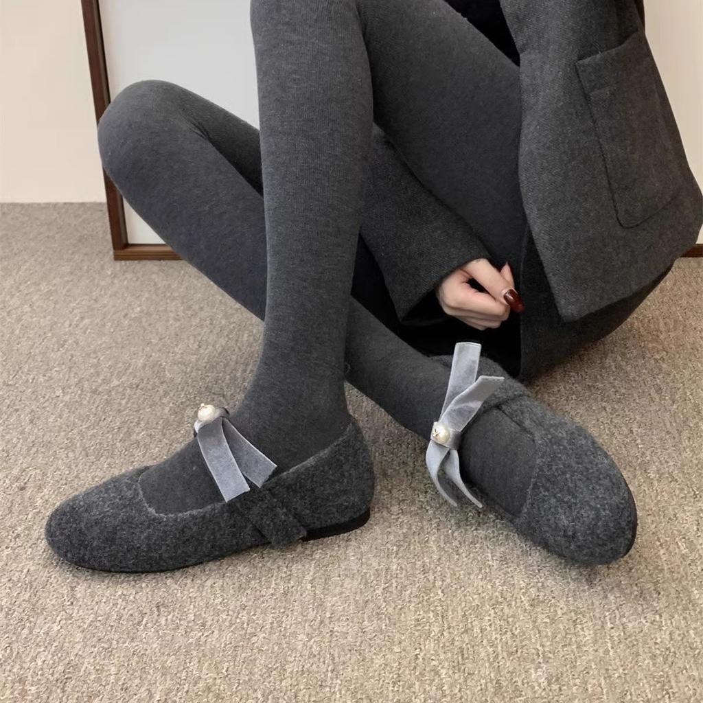 Gray Mary Jane fluffy shoes women wear cotton shoes in winter, new fairy flat-bottomed velvet single shoes