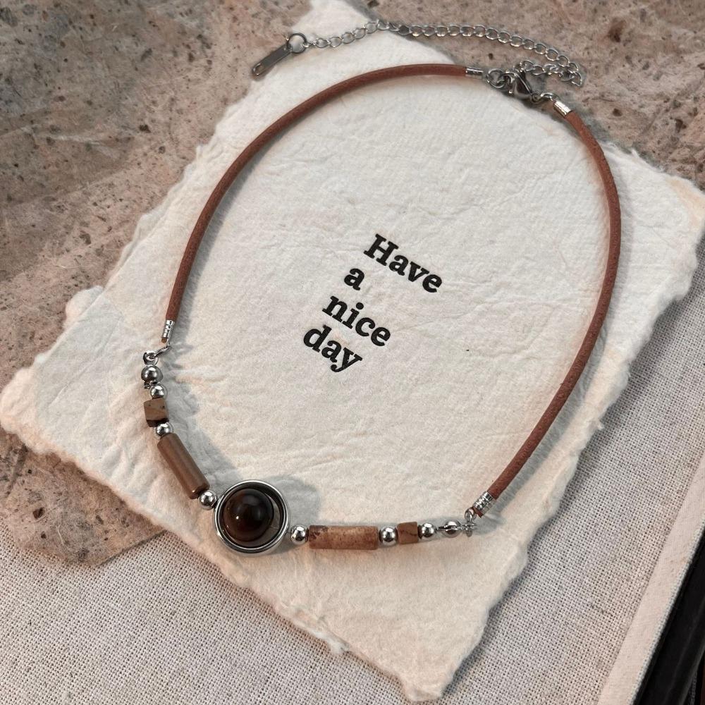 Personality Retro Splicing Tiger's Eye Stone Beads Maillard Leather Rope Choker Necklace for Women Men Punk Trendy Jewelry Gifts