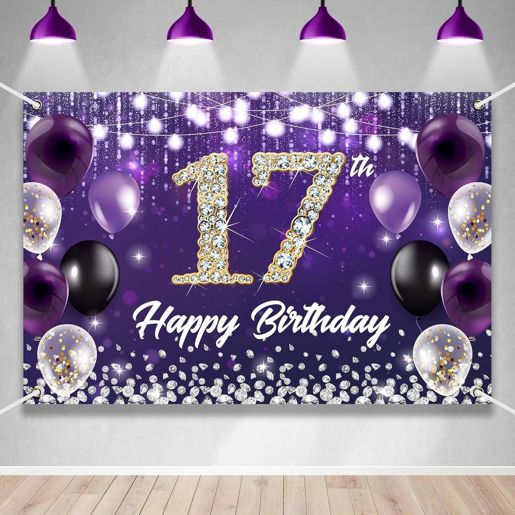 Happy 60th Birthday Backdrop Banner Purple Theme Background with Shiny Diamond Noble Elegant Birthday Party Photo Photography Prop Booth Background
