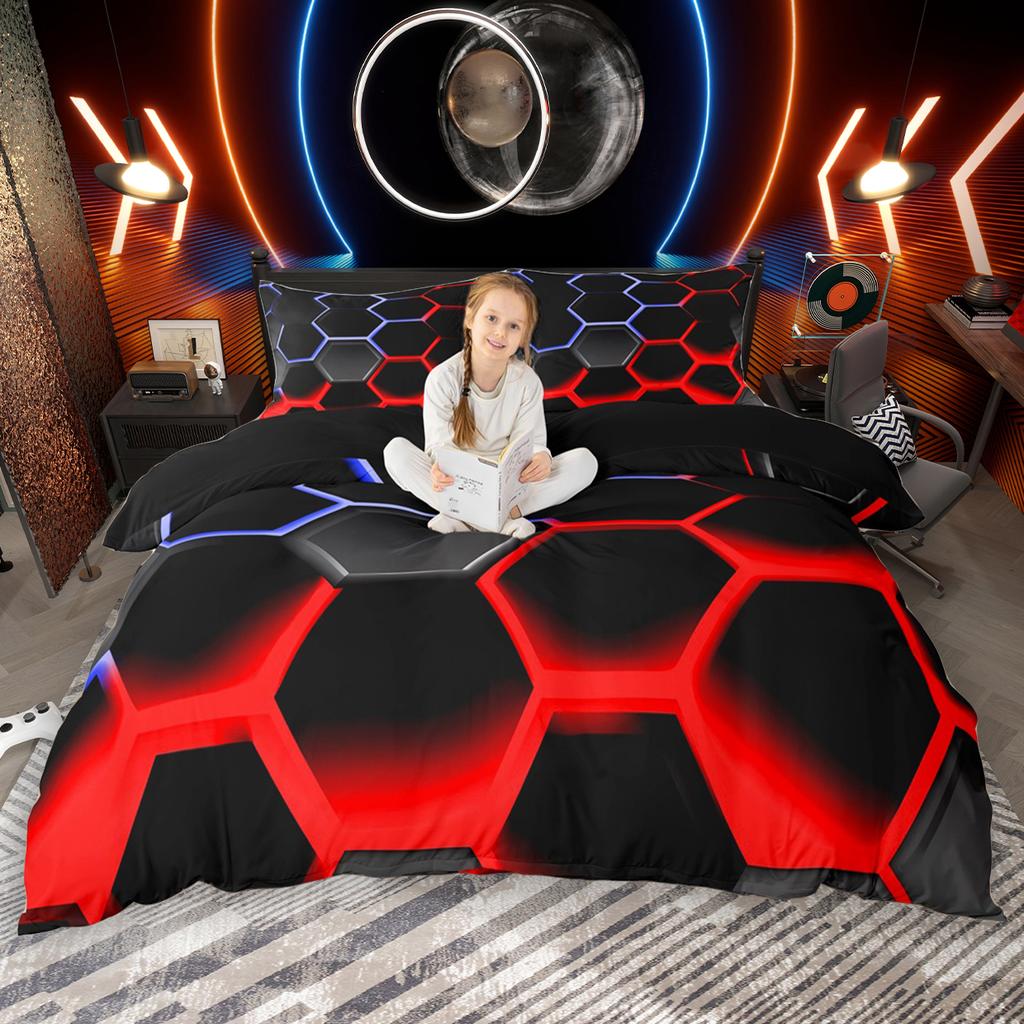 Homewish Gradient Honeycomb Duvet Cover Set 2pcs/3pcs, Neon Lights Hexagon Bedding Set, Black Geometric Comforter Cover Set