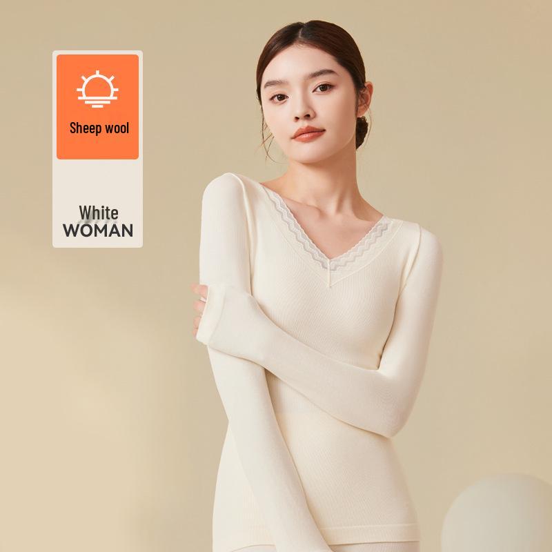 

Women s Wool V-Neck Thermal Underwear Set: Seamless, Slim Fit, Body-Warming, Ideal for Autumn