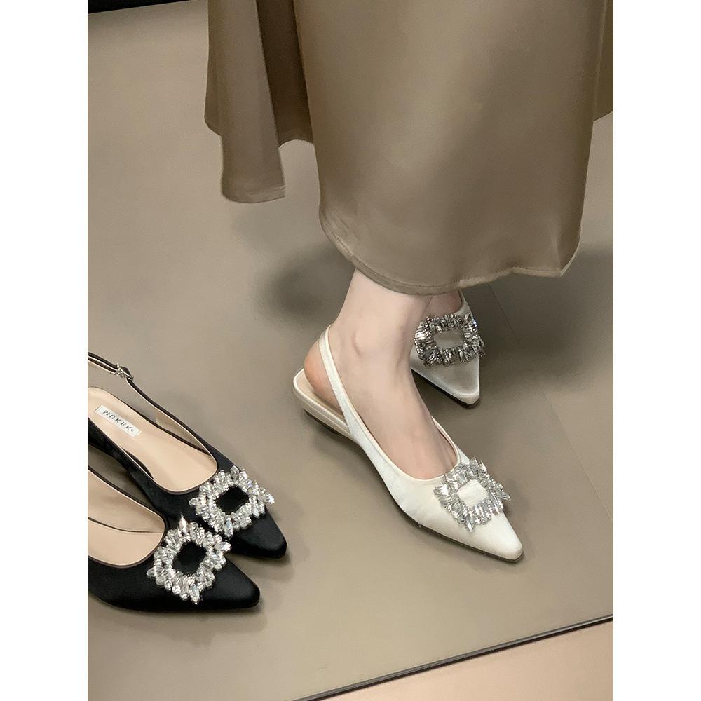 MUKEKe Square Buckle Rhinestone Wedge Heel Bag Head Sandals Women's 2025 Summer New Temperament Not Tired Feet Low Heel Single Shoes