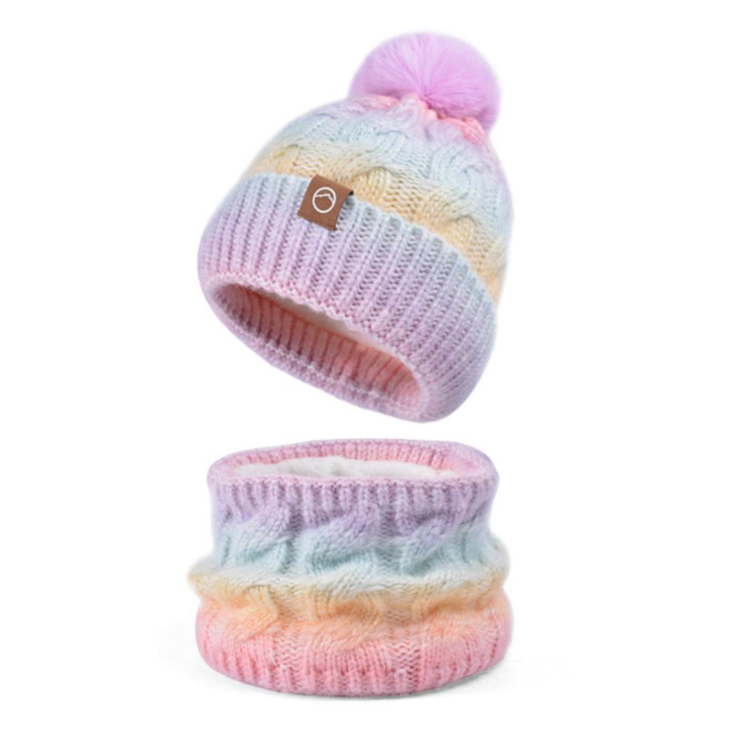 Women's Fashion Contrasting Color Wool Hat And Scarf Two-piece Set: Winter Gradient Pom-pom Knitted Hat, Warm Scarf And Hat Set
