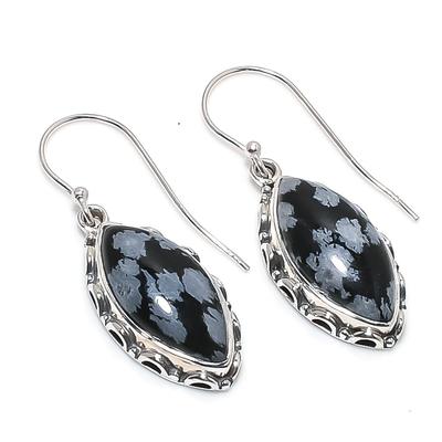 Natural Snowflake Obsidian Gemstone 925 Solid Sterling Silver Earring 1.50" j1E04