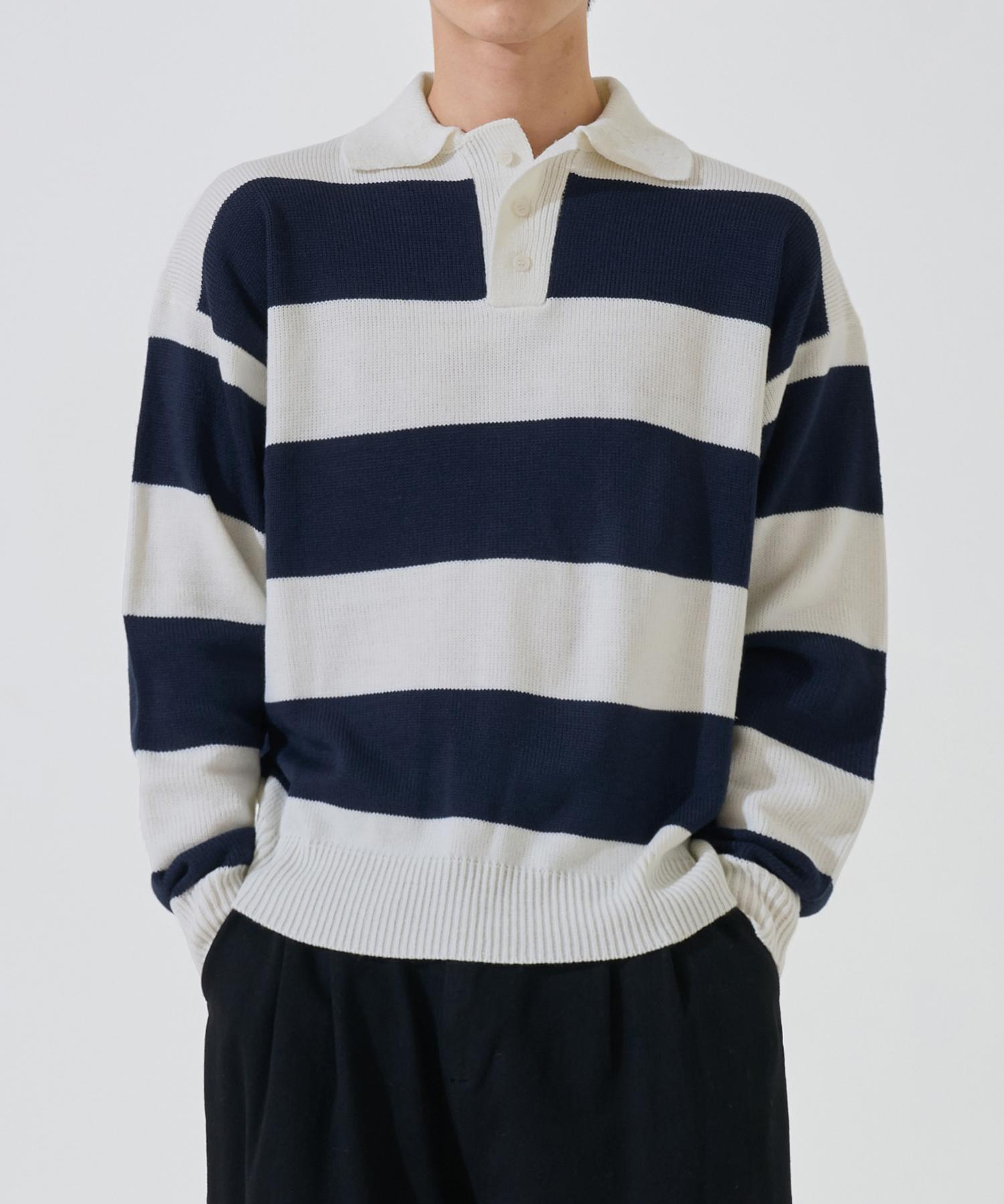 Tofi Striped Collar Button Knit (Navy) Navy/L