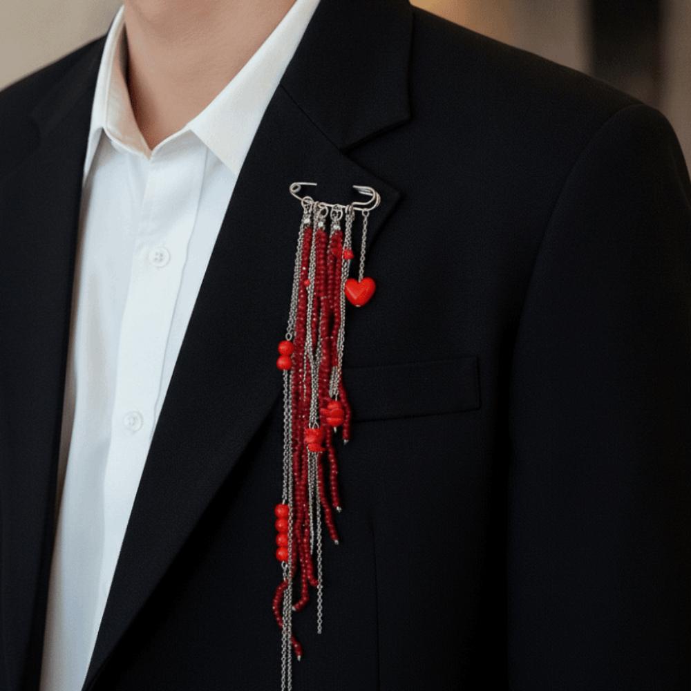 Light Luxury Style Heart Beaded Tassel Brooch Red Love Heart Tassel Ornaments Theatre
