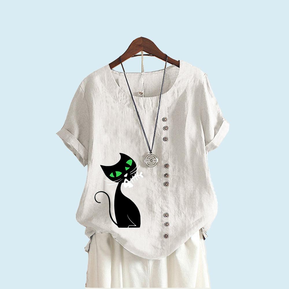 Tricou cu mânecă scurtă la modă pentru femei, vară și toamnă, ocazional, cu gât rotund, cu imprimeu de pisici, pulover, bluze de in, bumbac, liber