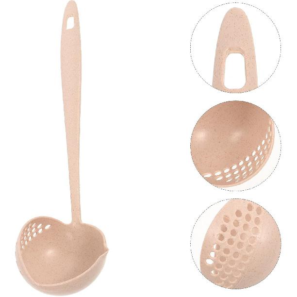 1 Piece 2 in 1 Soup Spoon Wheat Straw Long Handle Soup Spoon Kitchen Straining Ladle Soup Pan Spoon with Filter Strainer YY0774