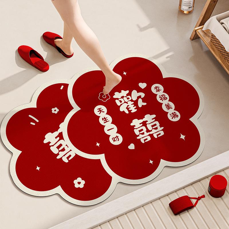 Wedding Bathroom Floor Mat Non-Slip And Anti-Drop Diatom Mud Absorbent Foot Mat Toilet Door Red Festive Carpet