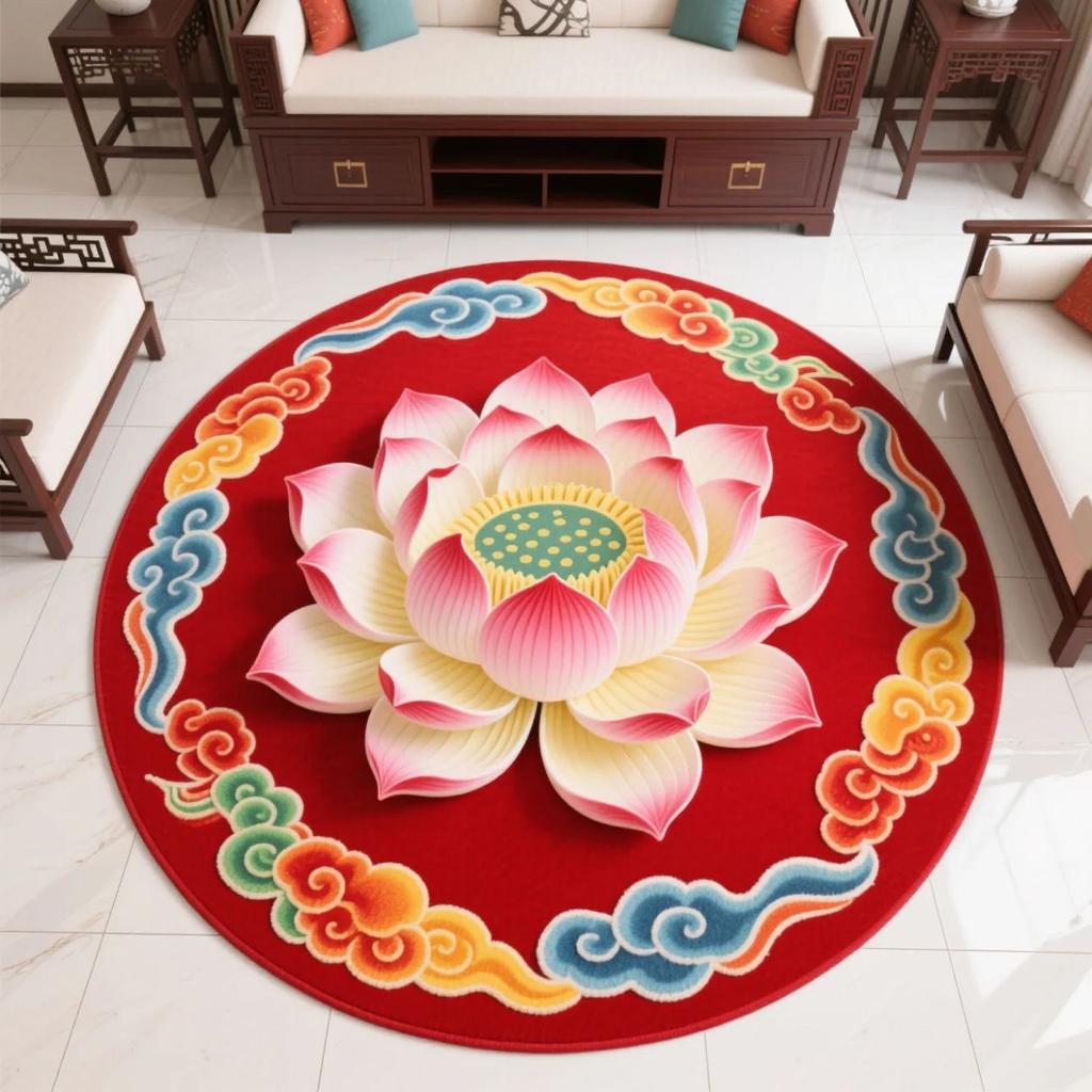 Lotus-shaped living room kneeling mat, round floor mat, 3D visual crystal velvet meditation mat, Zen Buddhist prayer mat