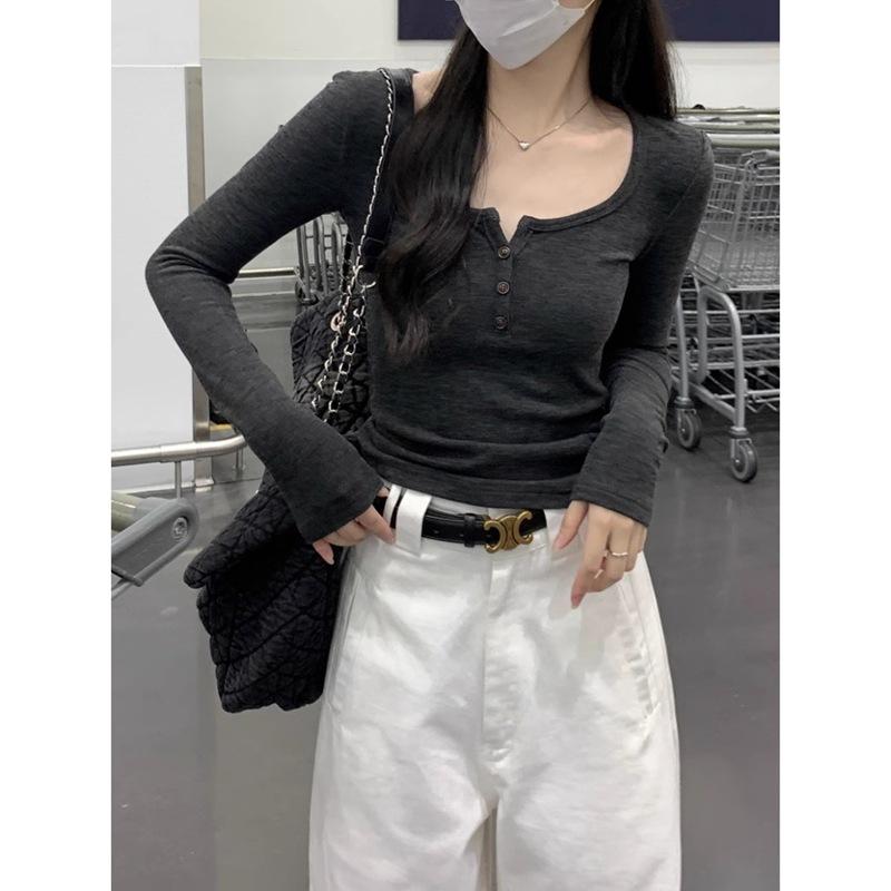 

[High Elastic Ribbed German Fleece Grinding] Grey T-shirt square neck slim-fit casual versatile inner cardigan XL сірий колір