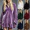 Spot New Autumn and Winter European and American Solid Color Velvet Lantern Sleeves Ruffle Edge Shirt Dress Women's Clothing