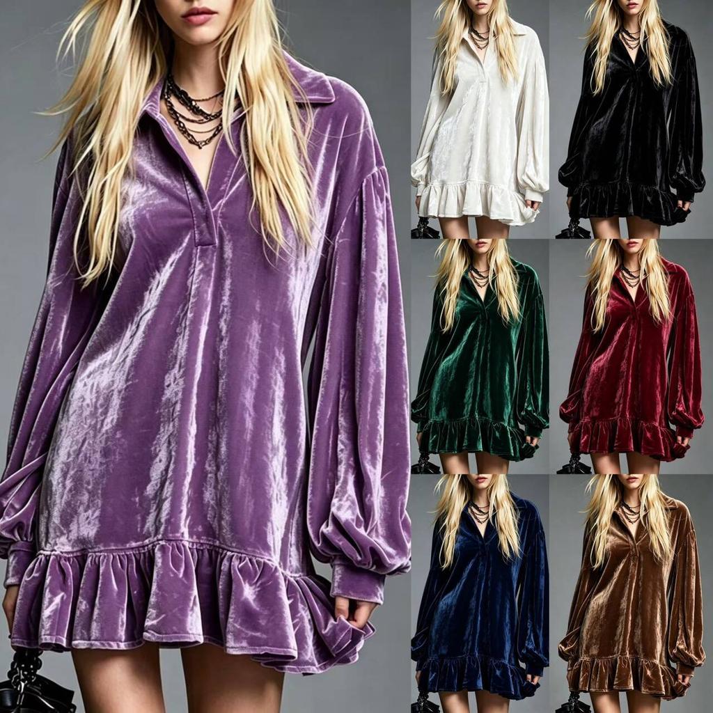 Spot New Autumn and Winter European and American Solid Color Velvet Lantern Sleeves Ruffle Edge Shirt Dress Women's Clothing