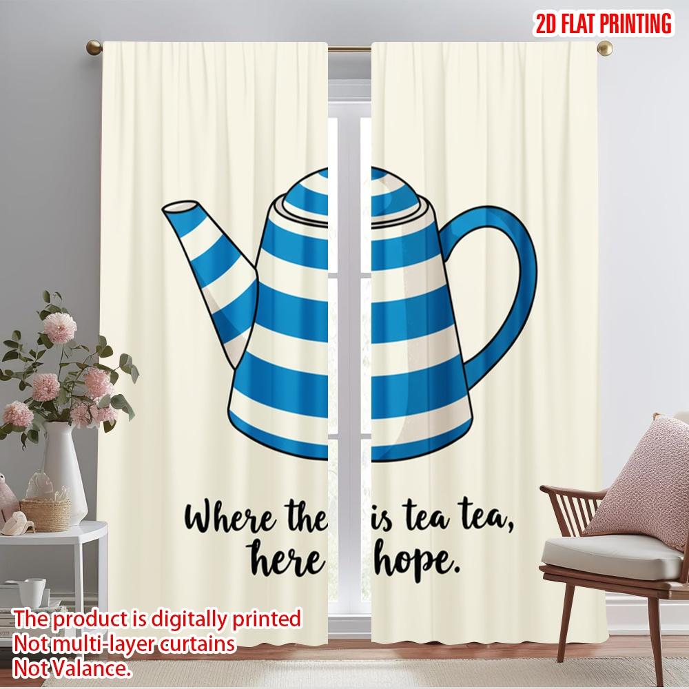 

2pcs 2D flat printing Scene Curtains Blue White Striped Teapot Illustration Polyester Without Electricity Seasonal Party & 52.50×116.00 CM 2pcs