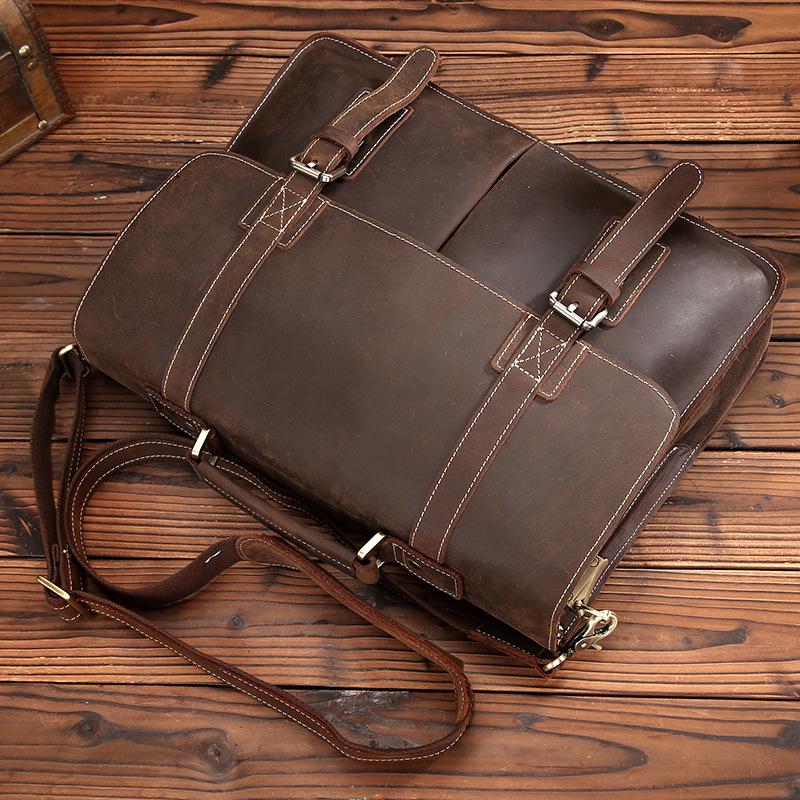 Men's Vintage Genuine Leather Cowhide Briefcase: Crazy Horse Leather Handbag & Shoulder Bag for Casual and Business Use.