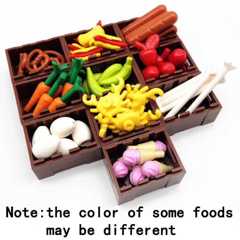 Food Building Blocks City Friend Accessories Bread Chips Roast Chicken Pizza Hot Dog Fish Fruit Carrot Basket Classic MOC Bricks