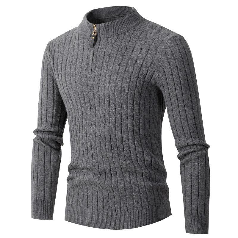 British Style Half Zip Stand Collar Mens Twisted Thick Knit Sweater