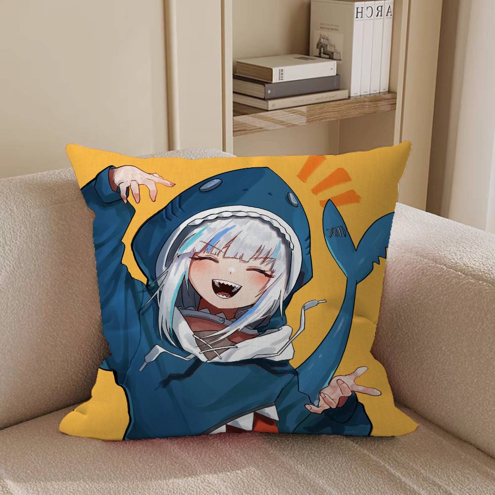 VTuber Gawr Gura Pillow Covers Cartoon Sofa Decorative Home Double-sided Printing Short Plush Cute Cushion Cover