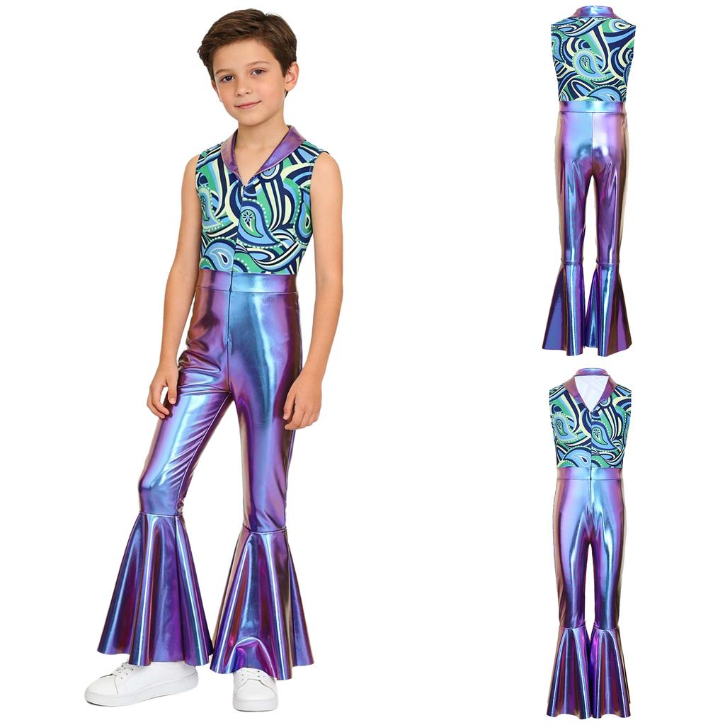 Kids Metallic Shiny Sleeveless Jumpsuit with Print Patchwork and Flared Pants for Boys Disco Halloween Party Outfit