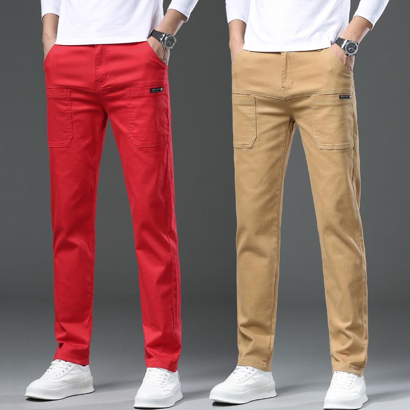 Men's White Six-pocket Stretch Jeans Men's Spring and Summer Trend Straight Slim Multi-pocket Colour Trousers
