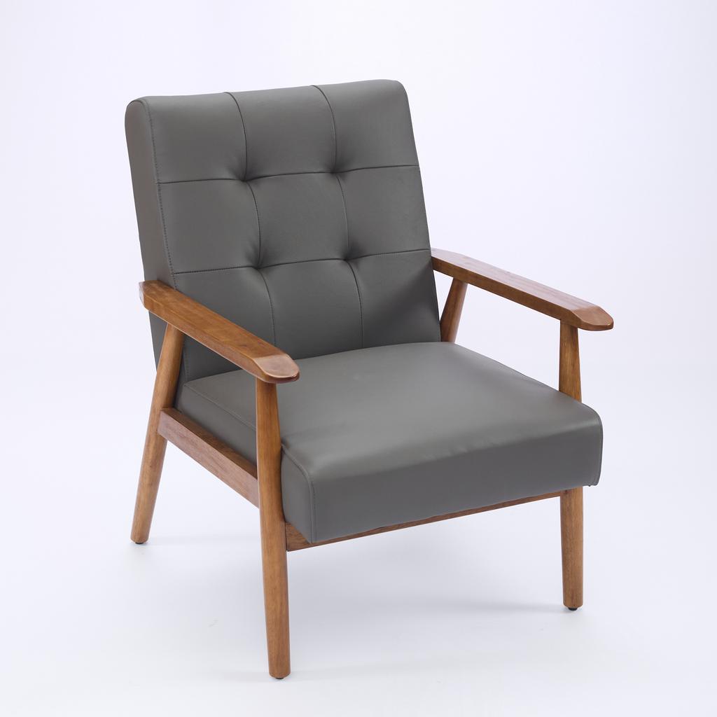 Genuine Leather Lounge Chair with Walnut-Colored Armrests & Rubberwood Legs – Comfortable Living Room Chair