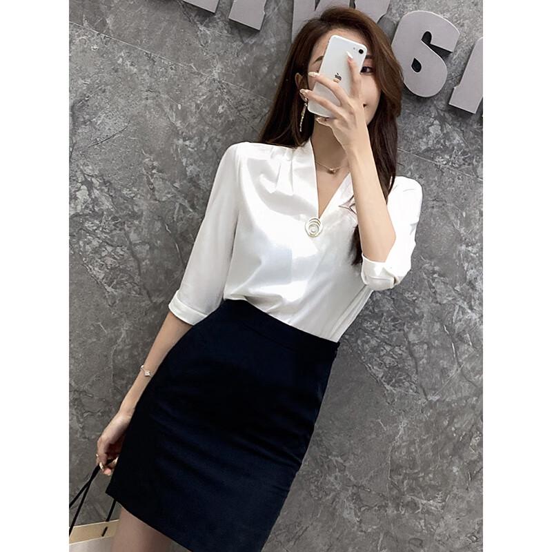 Treluoman Women s V-Neck Mid-Sleeve White Work Shirt 4XL