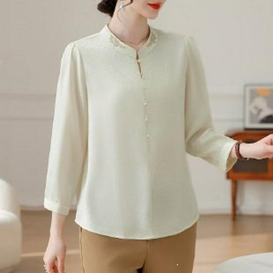 Women s Summer Seven-Sleeve Shirt: New Chinese National Style Tummy-Covering Top XL бежевый