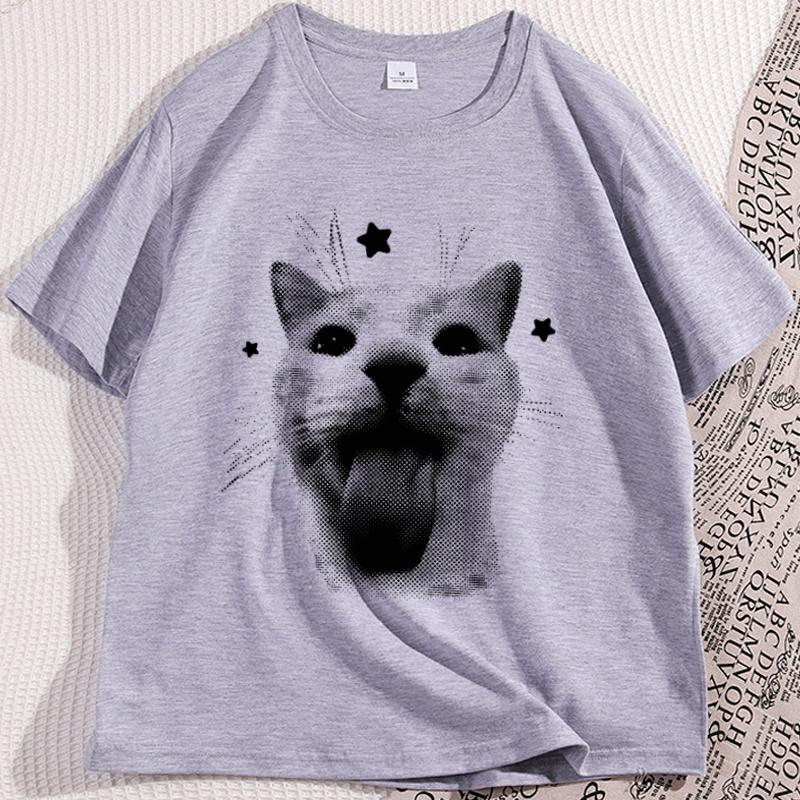 Funny Y2k Cat Tshirt Cool Silly Cats Tee 90s Retro Kitten Vintage Graphic T Shirts Casual Cotton Short Sleeve Round Neck Tees
