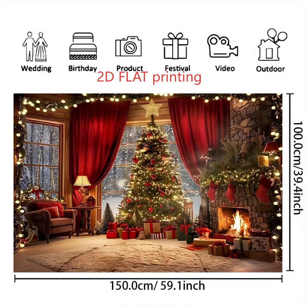 2D FLAT1PC Winter Christmas Background Cloth, Warm Room Christmas Tree Gift Box, Fireplace Design Background