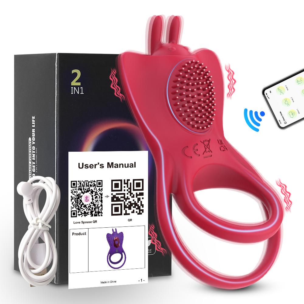 APP Vibrasjon Butterfly Ring Menn Penis Ring Trådløs Kontroll Testikkel Massasje Penis Stimulering Dick Ring Sexleketøy Semen Lock Ring Dick Ring