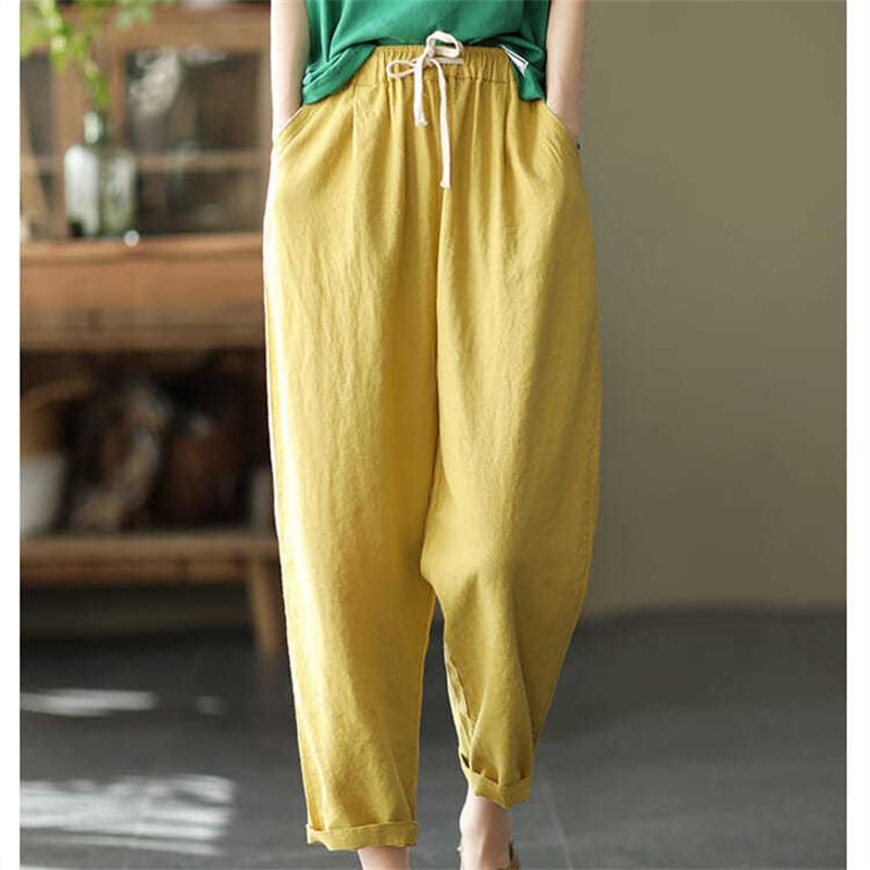 Harajuku Summer High Waist Elastic Women's Cotton Linen Wide Leg Capris Pants for Women Baggy Harem Pants Woman Trousers