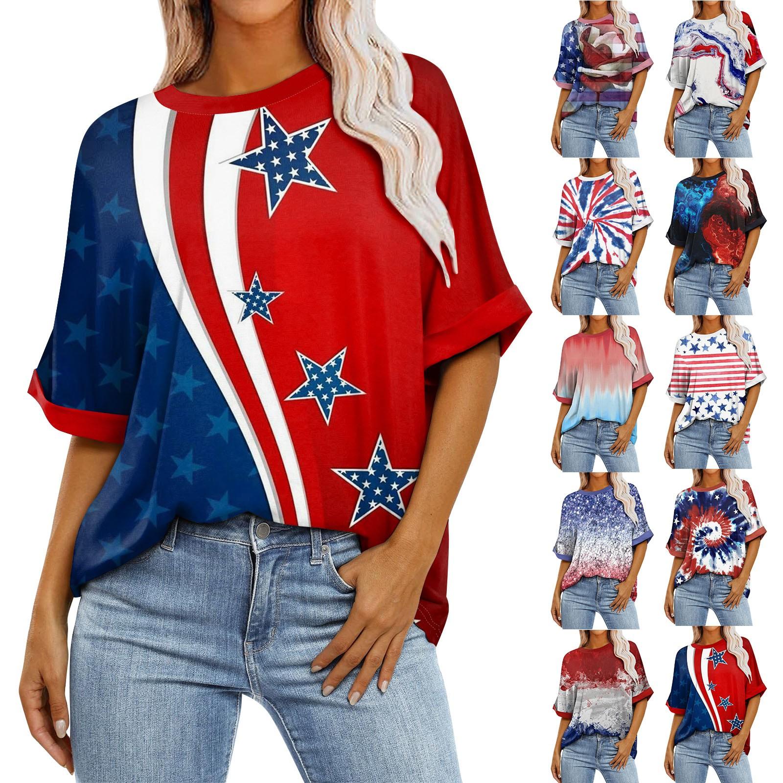 

Женская свободная футболка с круглым вырезом и короткими рукавами с принтом, до плеч L синий