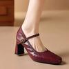 Red thick heel versatile single shoes women's 2025 autumn new square head French temperament Mary Jane is not tired of high heels