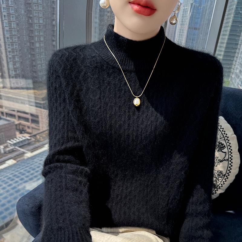 Women's Loose Cable Knit Cashmere Sweater - Double-Ply Wool, Double-Layer Collar, Base Layer for Autumn/Winter