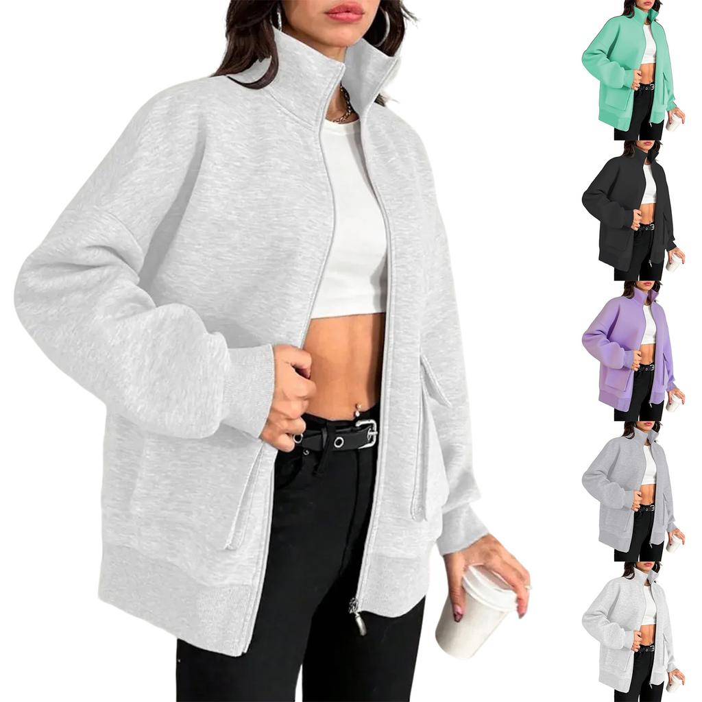 Women's Fashion Solid Color Turtleneck Baseball Uniform Long Sleeve Zip Jacket