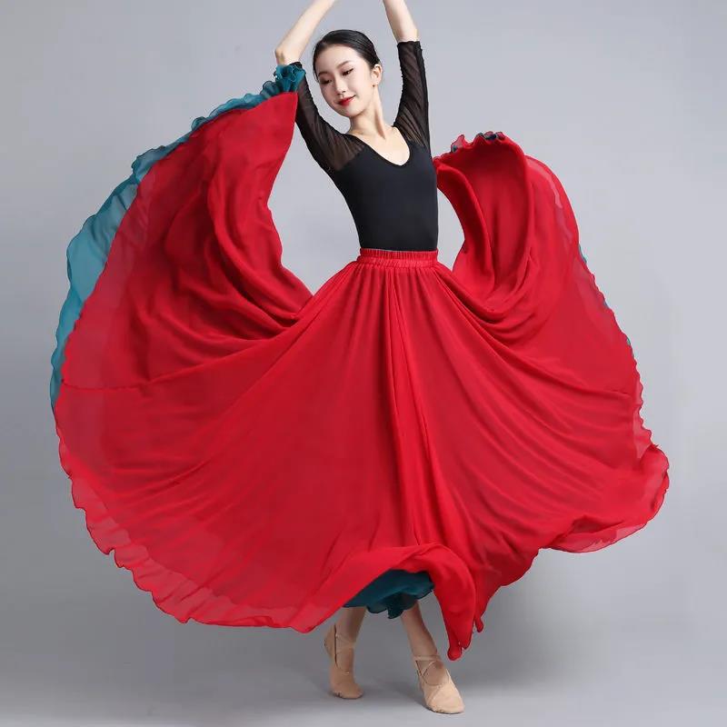 Two-Sided Chiffon Dance Skirt: Performance Long Dress with 540°/720° Swirl, Half-Body, Dual-Color Design
