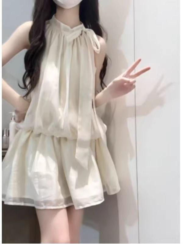 French apricot sleeveless neck sling dress children's summer new vacation small waist skirt