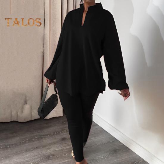 2 Pcs/Set Women Top Pants Set Stand Collar Long Sleeve Loose Split Hem Blouse Elastic Waist Slim Fit Trousers Daily Wear Outfit Summer Clothes