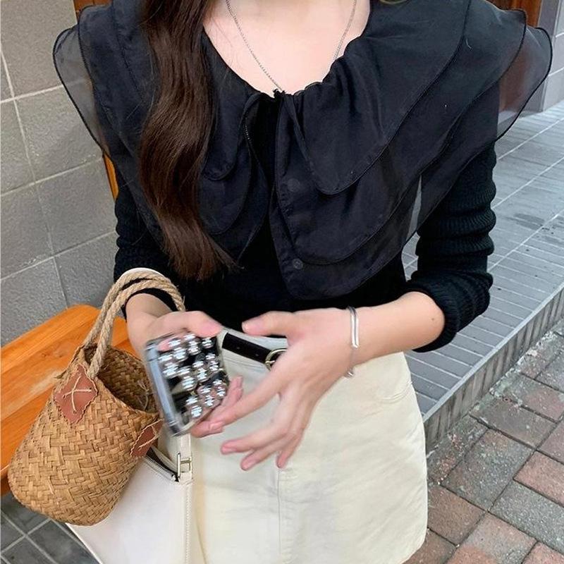 Chic Sweet Women's Knitted Cardigan: Thin Doll Collar, Long Sleeve, Ruffle Trim, Slim-Fit Sweater