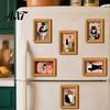 Retro Photo Frames for Metal Cabinets Funny Wooden Fridge Magnets Frame, Cute Cat Pattern Magnetic Refrigerator Brown Imitation Wood Locker
