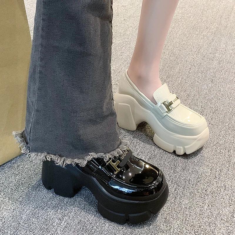 fashion Women Platform Leather Sneakers 2024 Spring Autumn British Style Chunky Shoes Woman 8CM High Heels Ulzzang