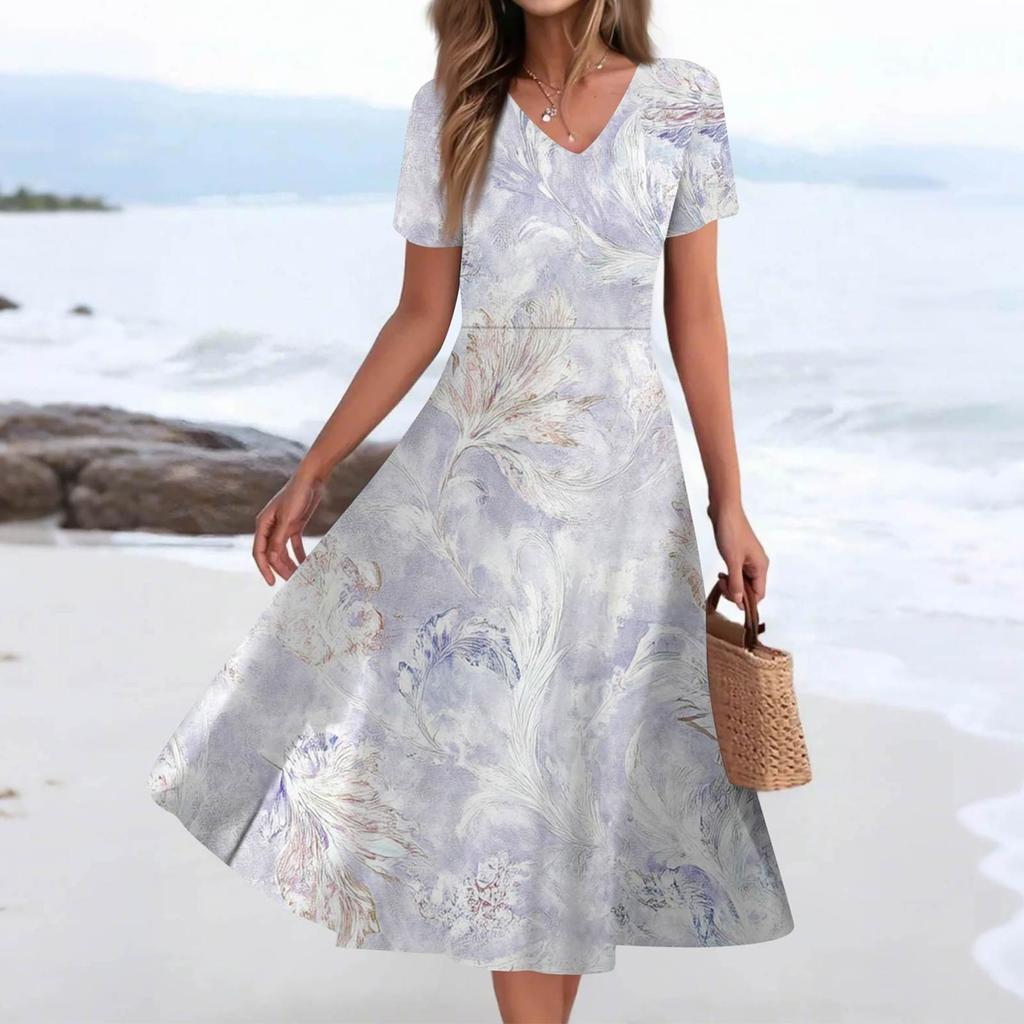 Women's Summer Casual Fashion Print Pocket Short Sleeve V-Neck Swing Dress