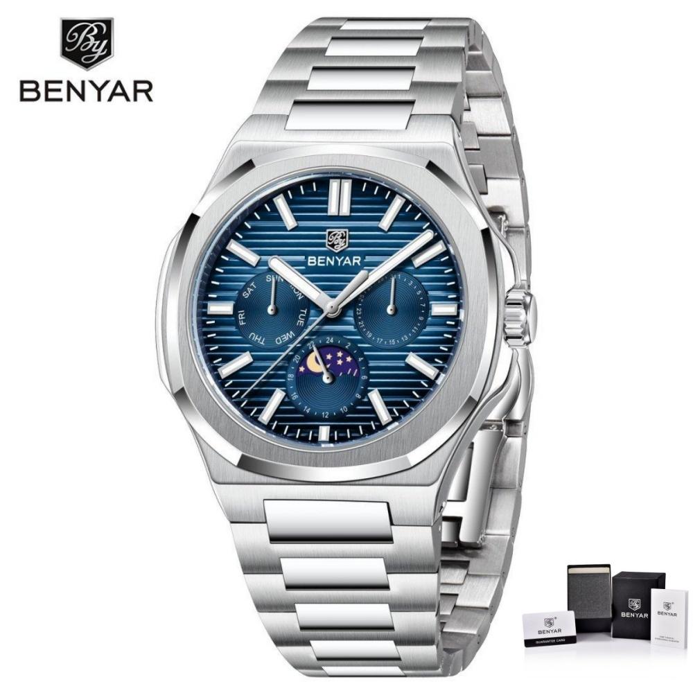 BENYAR BY-5226 Luxury Men's Watch Stainless Steel Waterproof Simple Quartz Business Wristwatches Moon Phase Gift Watches For Men